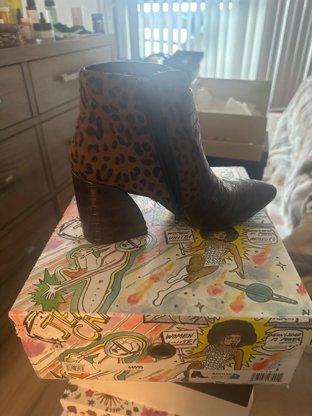 Jeffrey Campbell Leopard Print and Brown Croc-Textured Ankle Boot